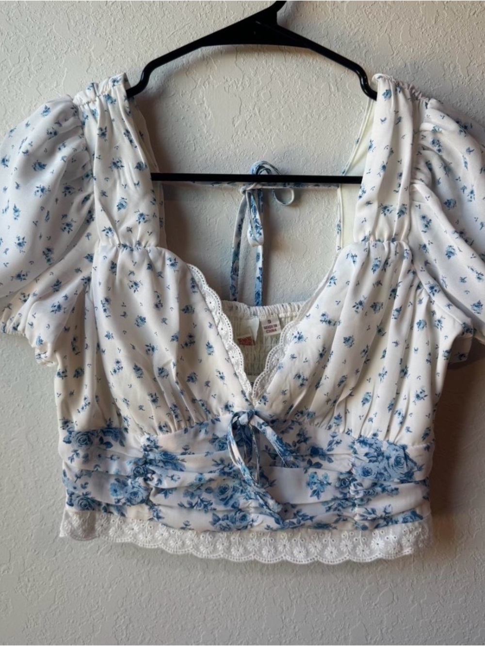 Blue Floral Crop Top with Lace Trim